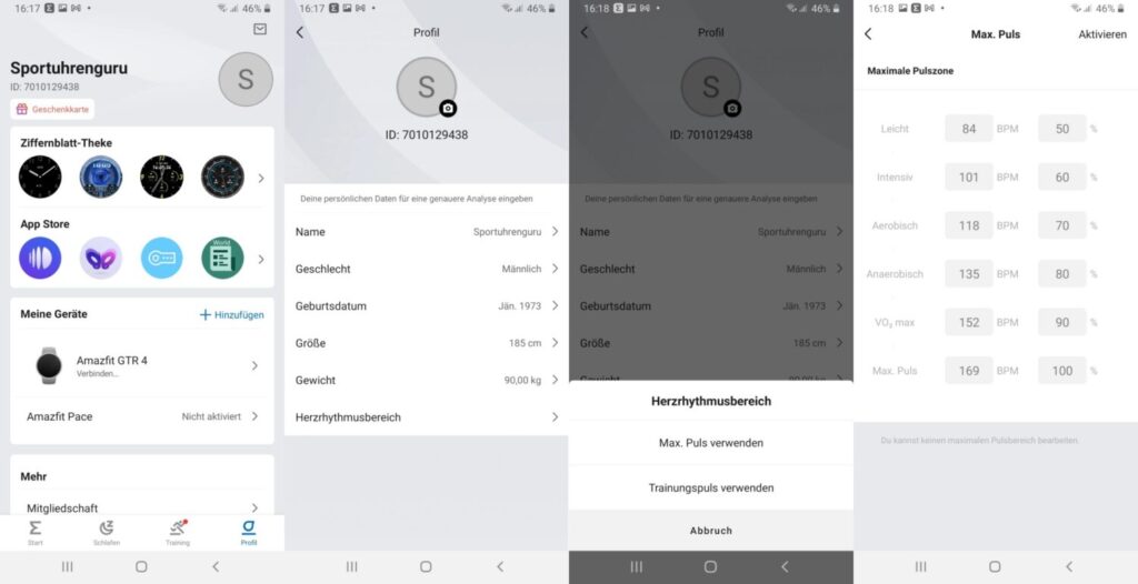 Zepp Amazfit App maximale Herzfrequenz